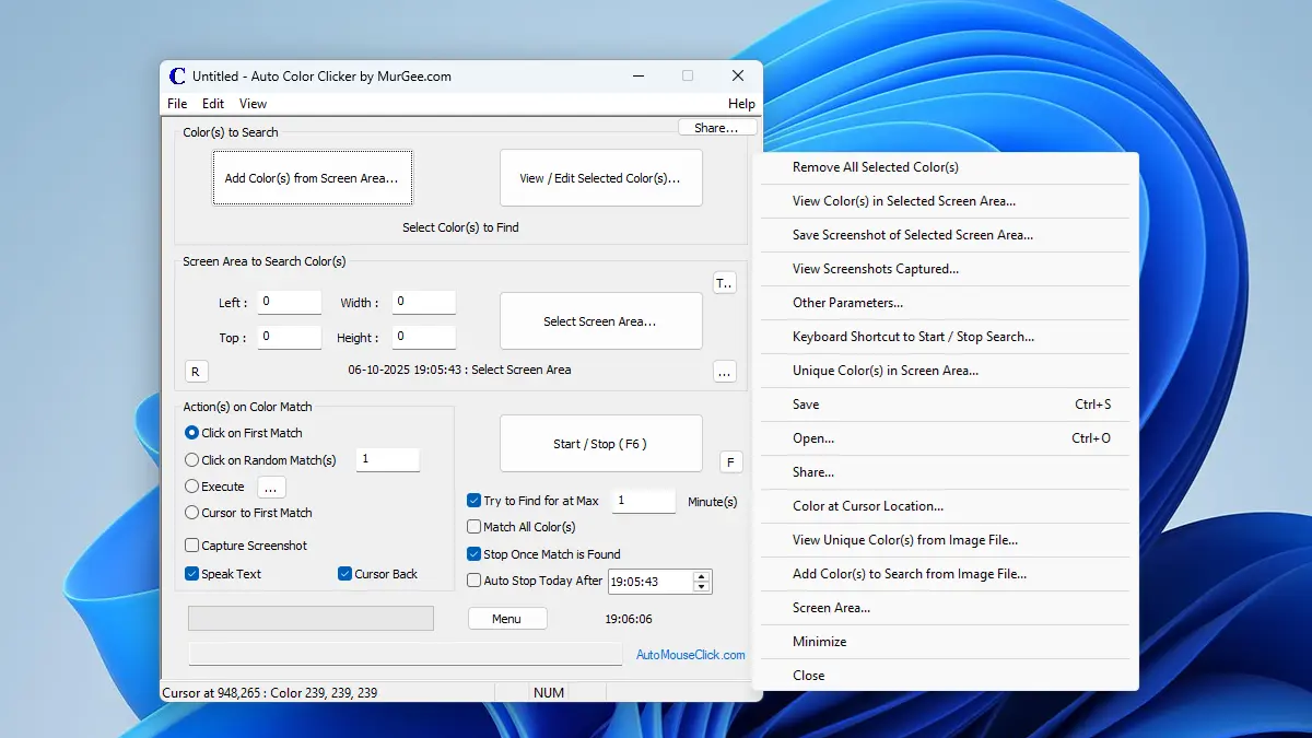 Screenshot displaying Auto Color Clicker and Context Menu to Easily Access Various Color Finding Features
