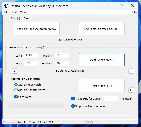 Screenshot of Auto Color Clicker Software on Windows 11